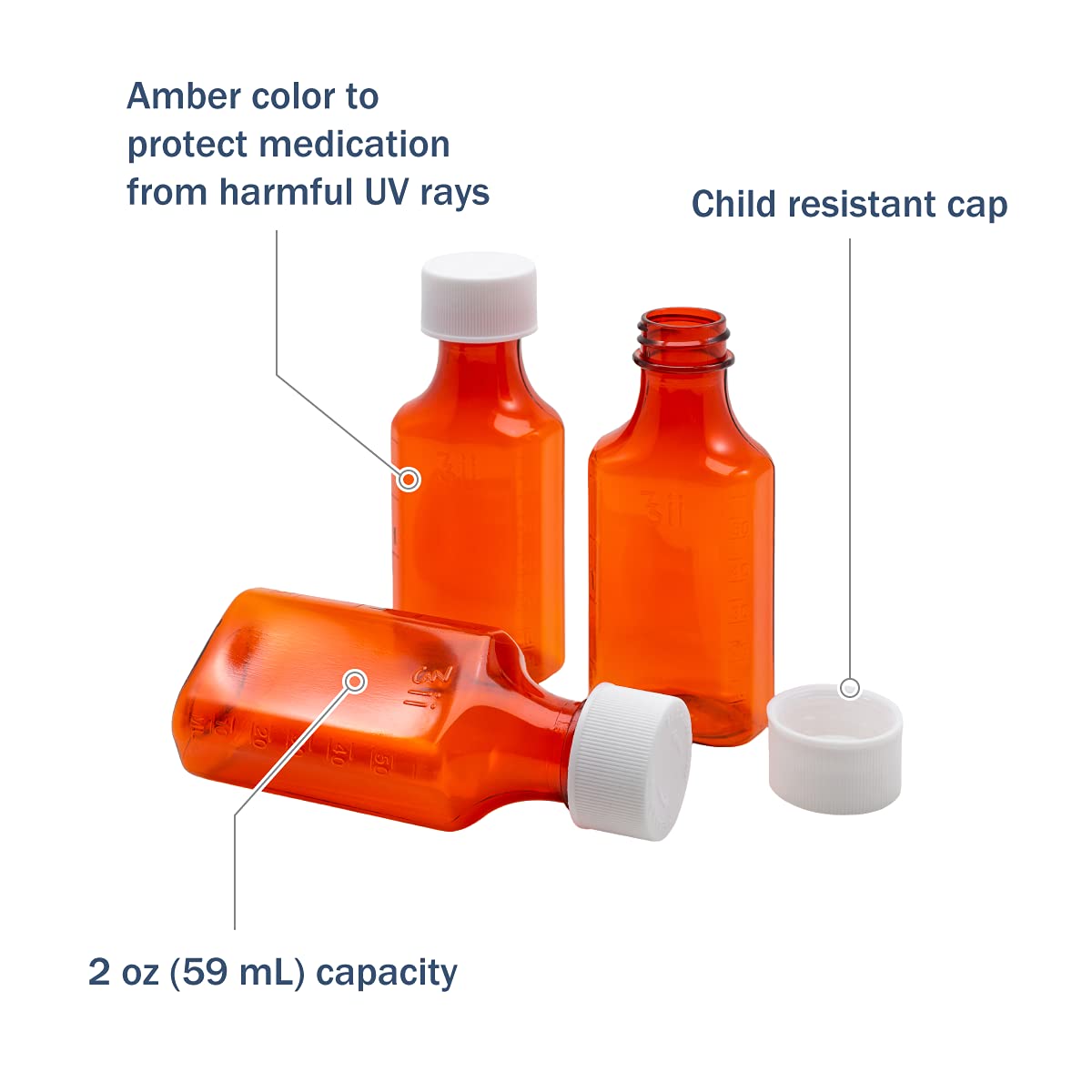 Ezy Dose Amber Oval Liquid Medicine Bottles, 2 oz Storage, Child-Resistant Push Turn Cap (Case of 132)