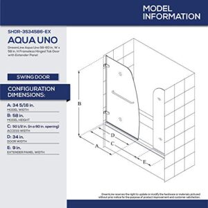 DreamLine Aqua Uno 56-60 in. W x 58 in. H Frameless Hinged Tub Door with Extender Panel in Brushed Nickel, SHDR-3534586-EX-04