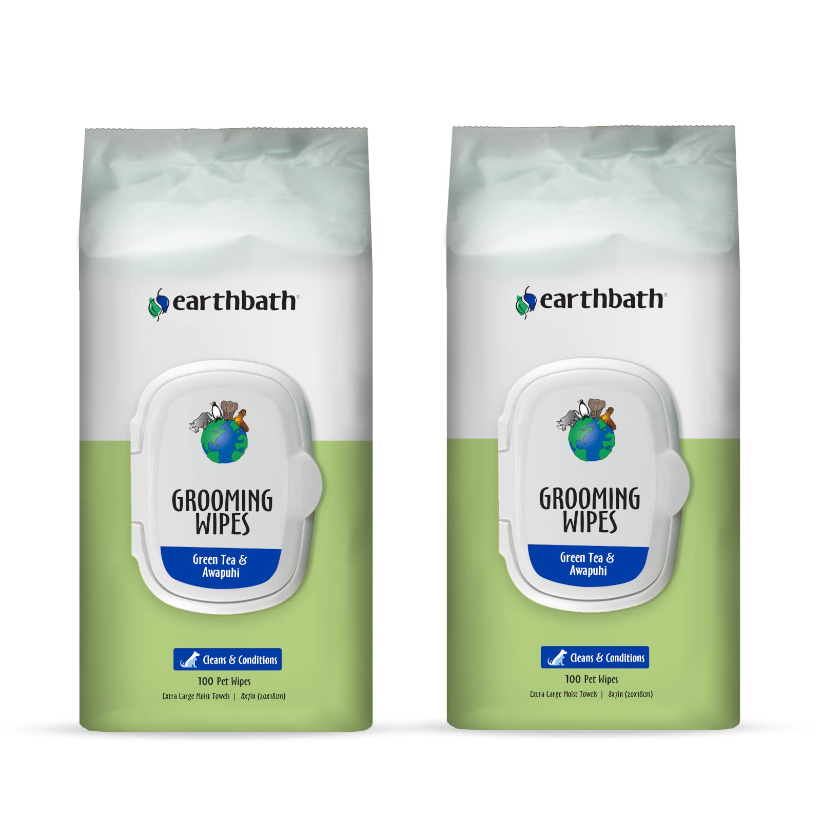 earthbath, Green Tea & Awapuhi Grooming Wipes - Dog Wipes for Paws and Butt, Best Pet Wipes for Dogs & Cats, Made in USA, Cruelty-Free Dog Cleaning Wipes, Removes Dirt & Dander - 100 Count (2 Pack)