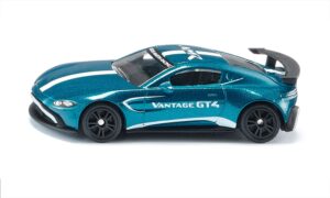 siku 1577, aston martin vantage gt4, toy car, metal/plastic, blue, metallic paint, huge rear wing, sport tyres, detailed design