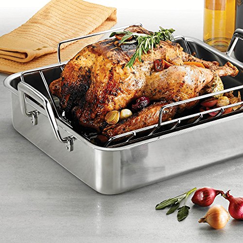 Tramontina 16.5-Inch Stainless Steel Deep Roasting Pan with Basting Grill and V-Rack, Turkey Roaster for Oven, Dishwasher Safe, Made in Brazil