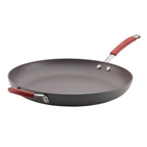 rachael ray 87631-t cucina hard anodized nonstick skillet with helper handle, 14 inch frying pan, gray/red