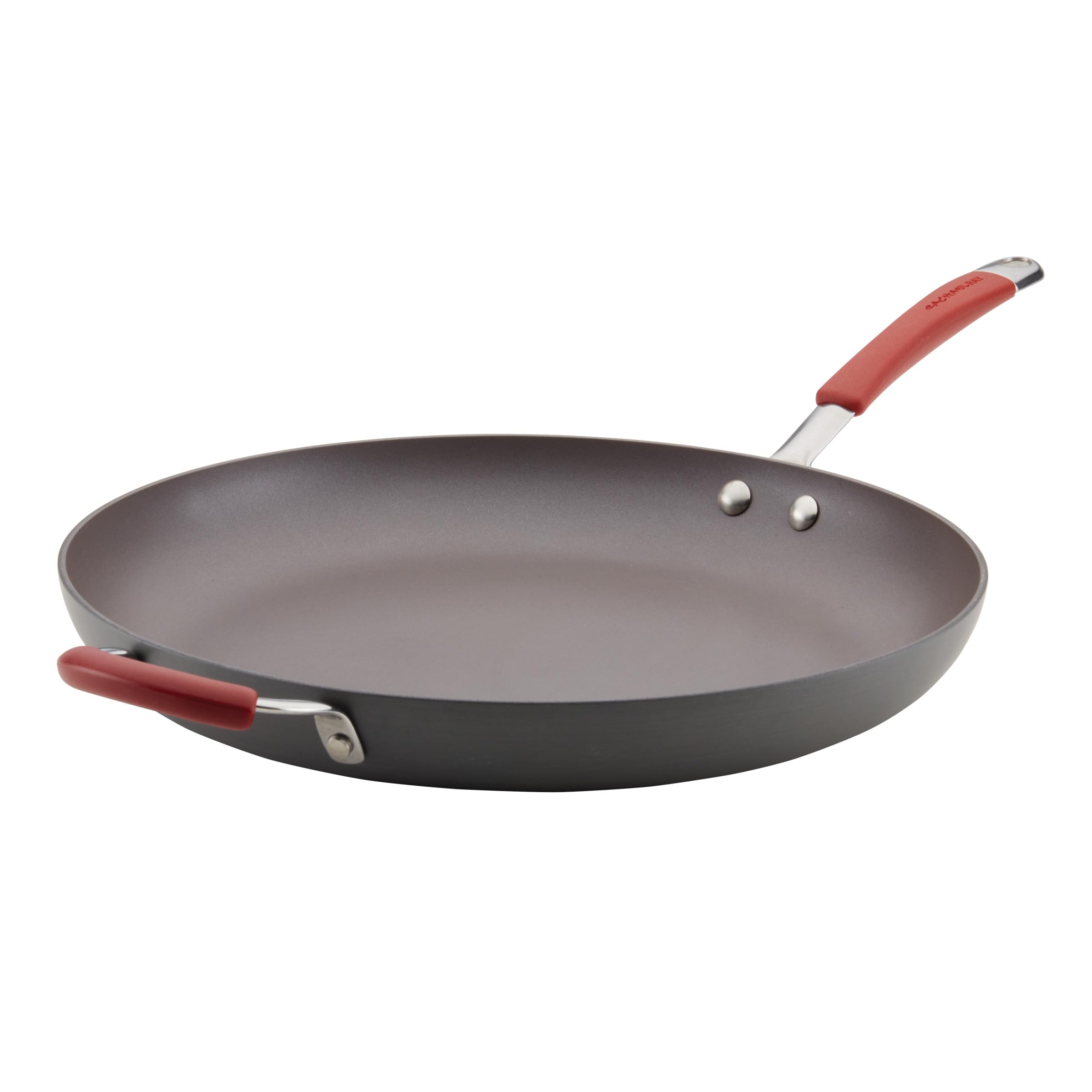 Rachael Ray 87631-T Cucina Hard Anodized Nonstick Skillet with Helper Handle, 14 Inch Frying Pan, Gray/Red