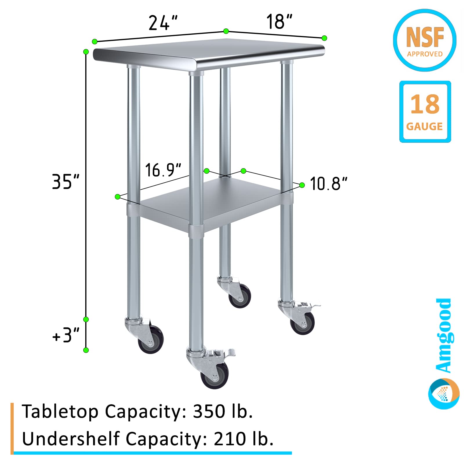 18" X 24" AmGood Stainless Steel Work Table with Wheels | Metal Mobile Table | Food Prep