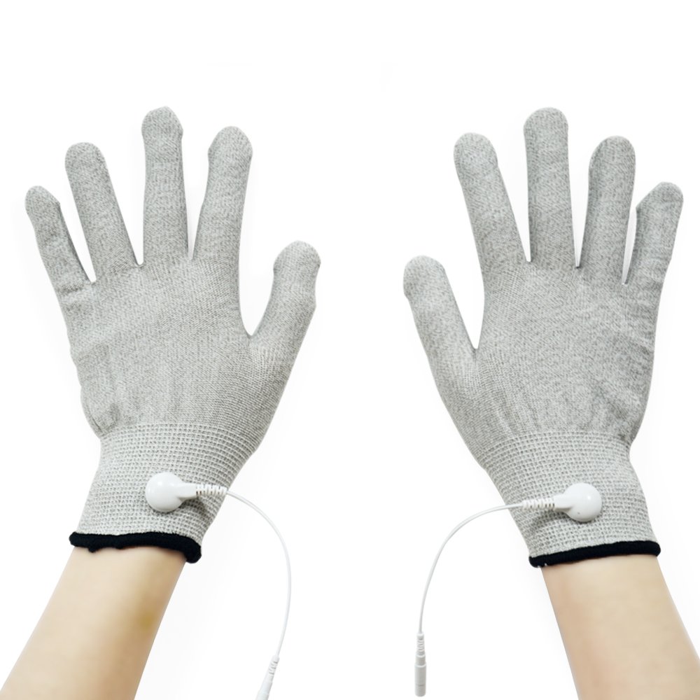 Pair of Conductive Fiber Electrode Gloves With Conductive Massage Socks With Adapter Electrode Lead Wires for TENS/EMS Machine