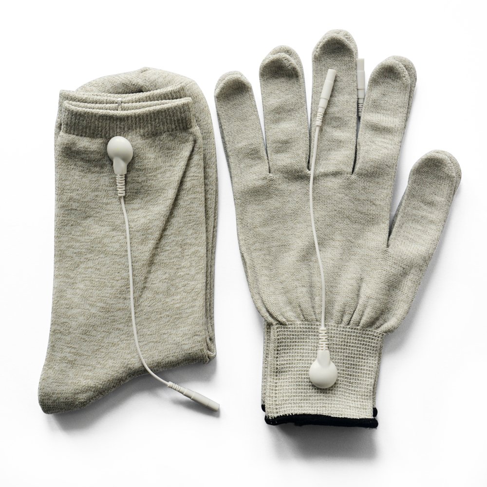 Pair of Conductive Fiber Electrode Gloves With Conductive Massage Socks With Adapter Electrode Lead Wires for TENS/EMS Machine