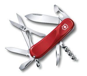 victorinox evolution s14 swiss army knife, 14 function swiss made pocket knife with large blade, screwdriver and corkscrew – red