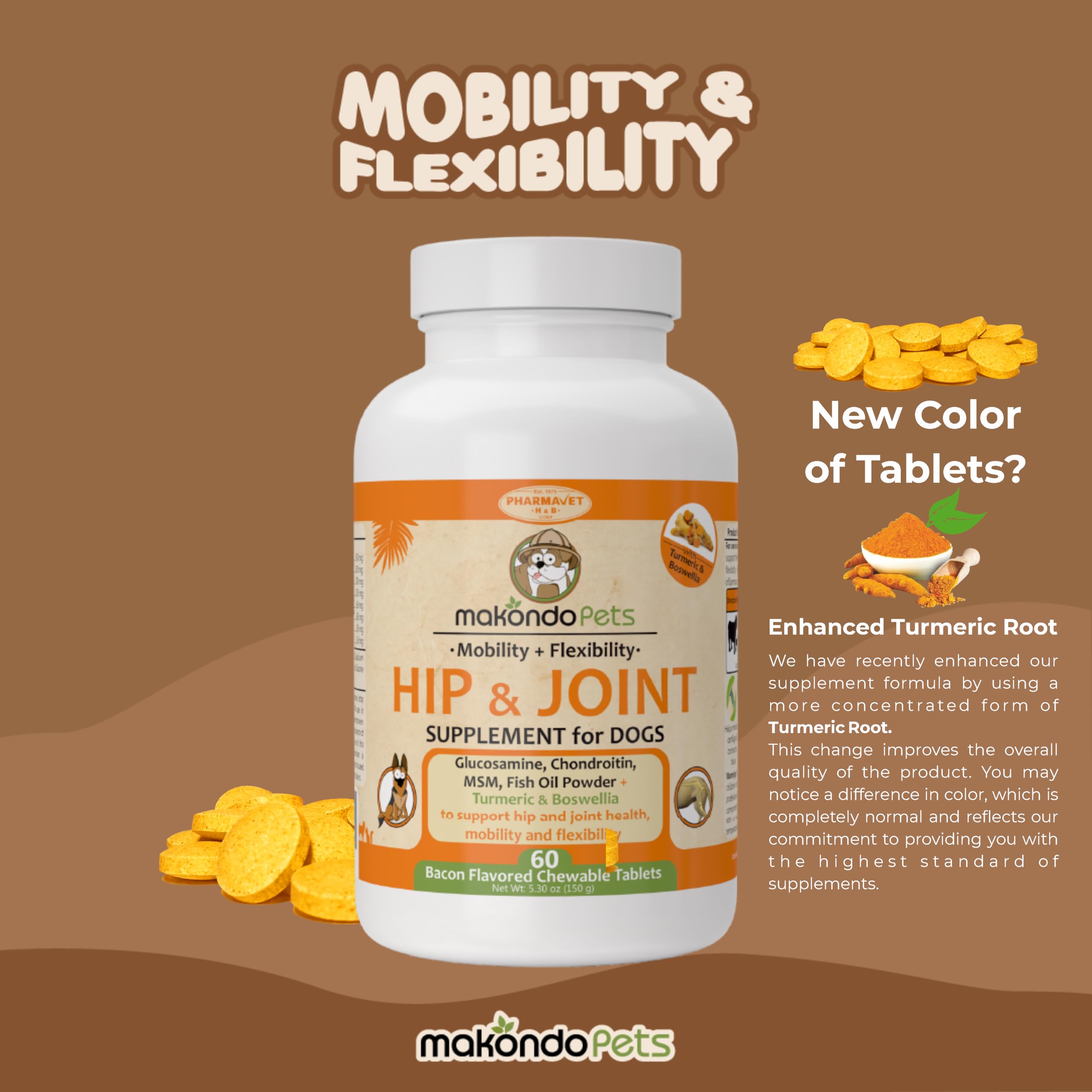 Dog Hip and Joint Supplement with Glucosamine Turmeric for Dogs, Chondroitin, MSM, Boswellia. Tablets for Mobility, Agility, Limping, Pain & Inflammation Relief for Senior Dogs