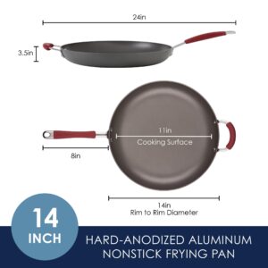 Rachael Ray 87631-T Cucina Hard Anodized Nonstick Skillet with Helper Handle, 14 Inch Frying Pan, Gray/Red