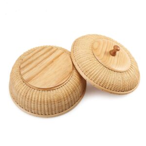 Teng Tian With Lid Nantucket Button Basket Cane-on-cane Handwoven Circular Household Basket Boxes for Shelf Home Organizer Coffee Dried Fuit Snacks Needles Thread and All