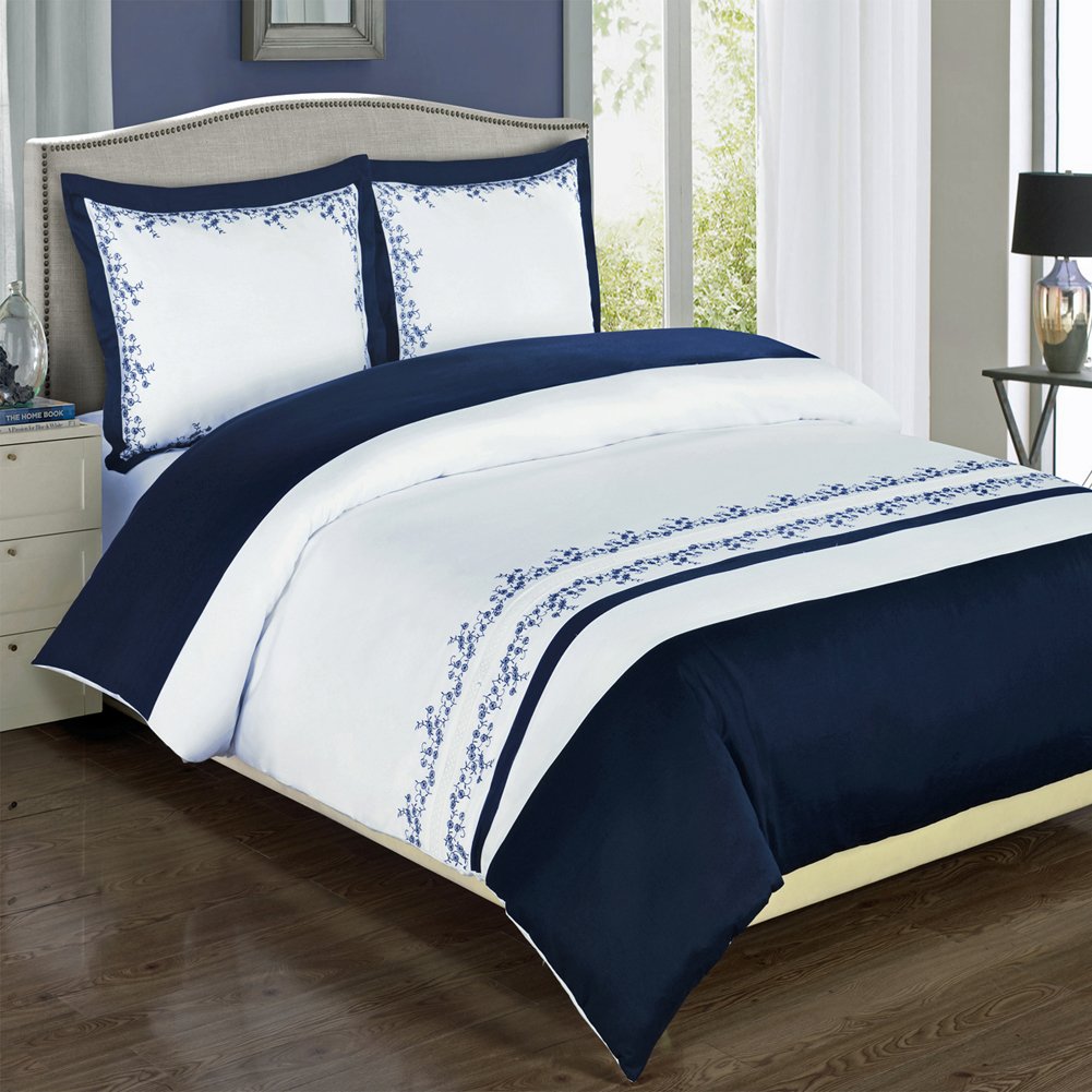 Blancho Bedding Amalia Navy Embroidered Duvet Cover Set King-Calking Size 3PC