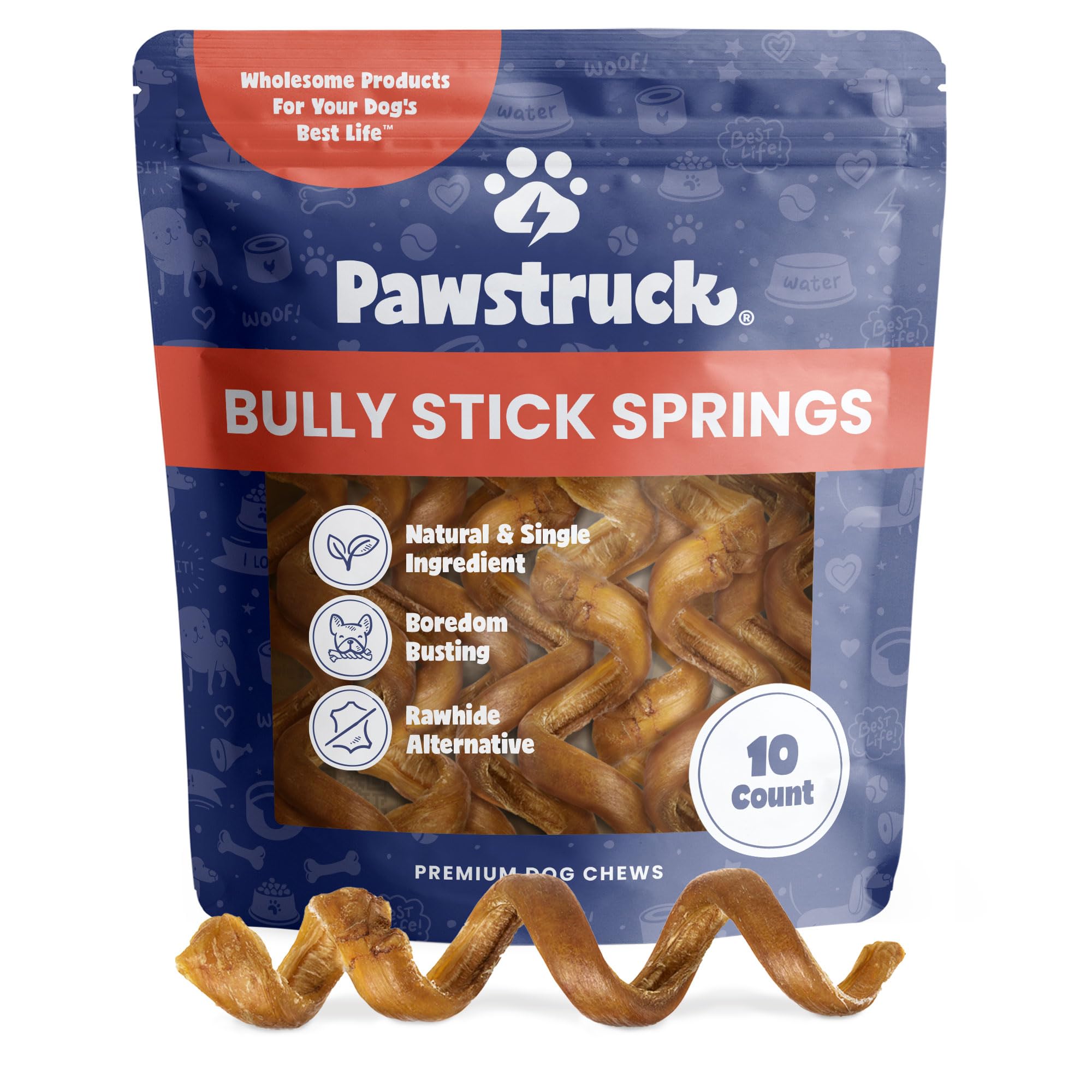 Pawstruck All-Natural 6" Bully Stick Springs for Dogs - Fun Challenging Rawhide Free 100% Beef Single Ingredient Chew Treat Bones - Fully Digestible Low Odor - 10 Pack - Packaging May Vary