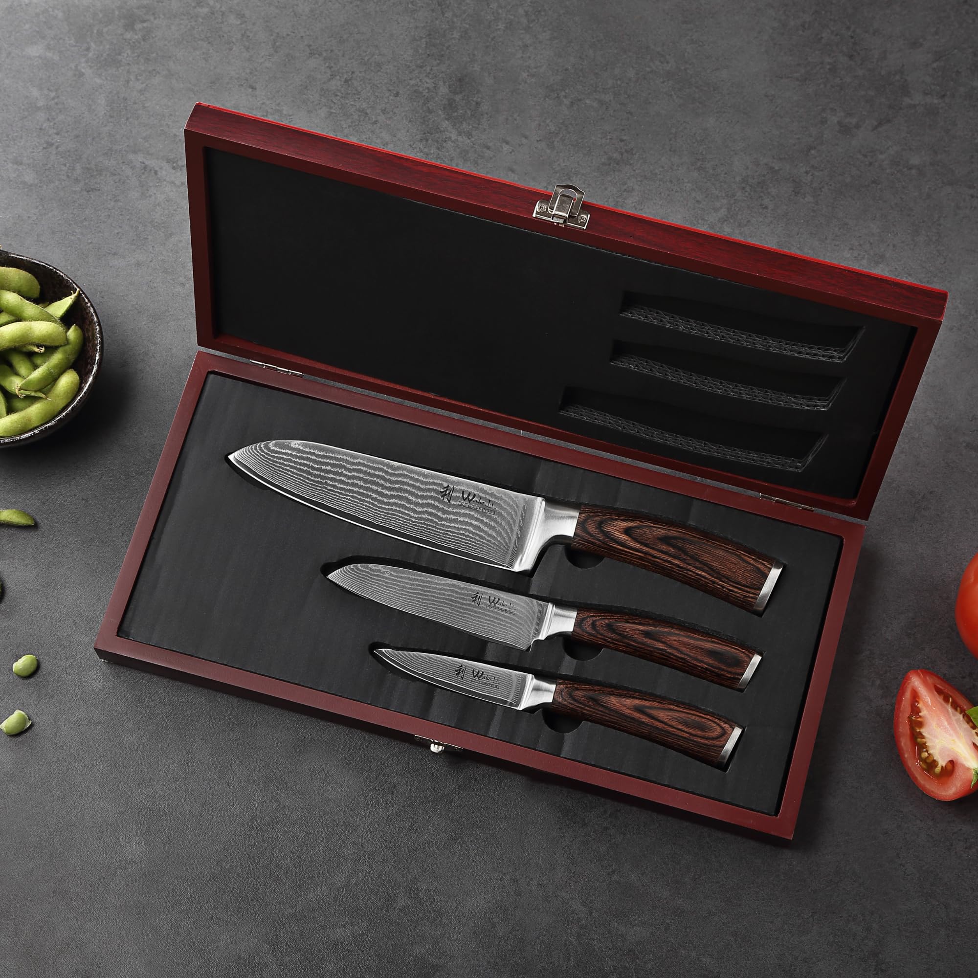 Wakoli Damascus Kitchen Knife Set, 3 Pieces Professional Chef Knife Set made from 67 Layers Damascus Steel with VG10 Core, Knives Set for Kitchen with Pakkawood Handles in Wooden Gift Box (EDIB 3-pcs)