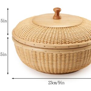 Teng Tian With Lid Nantucket Button Basket Cane-on-cane Handwoven Circular Household Basket Boxes for Shelf Home Organizer Coffee Dried Fuit Snacks Needles Thread and All