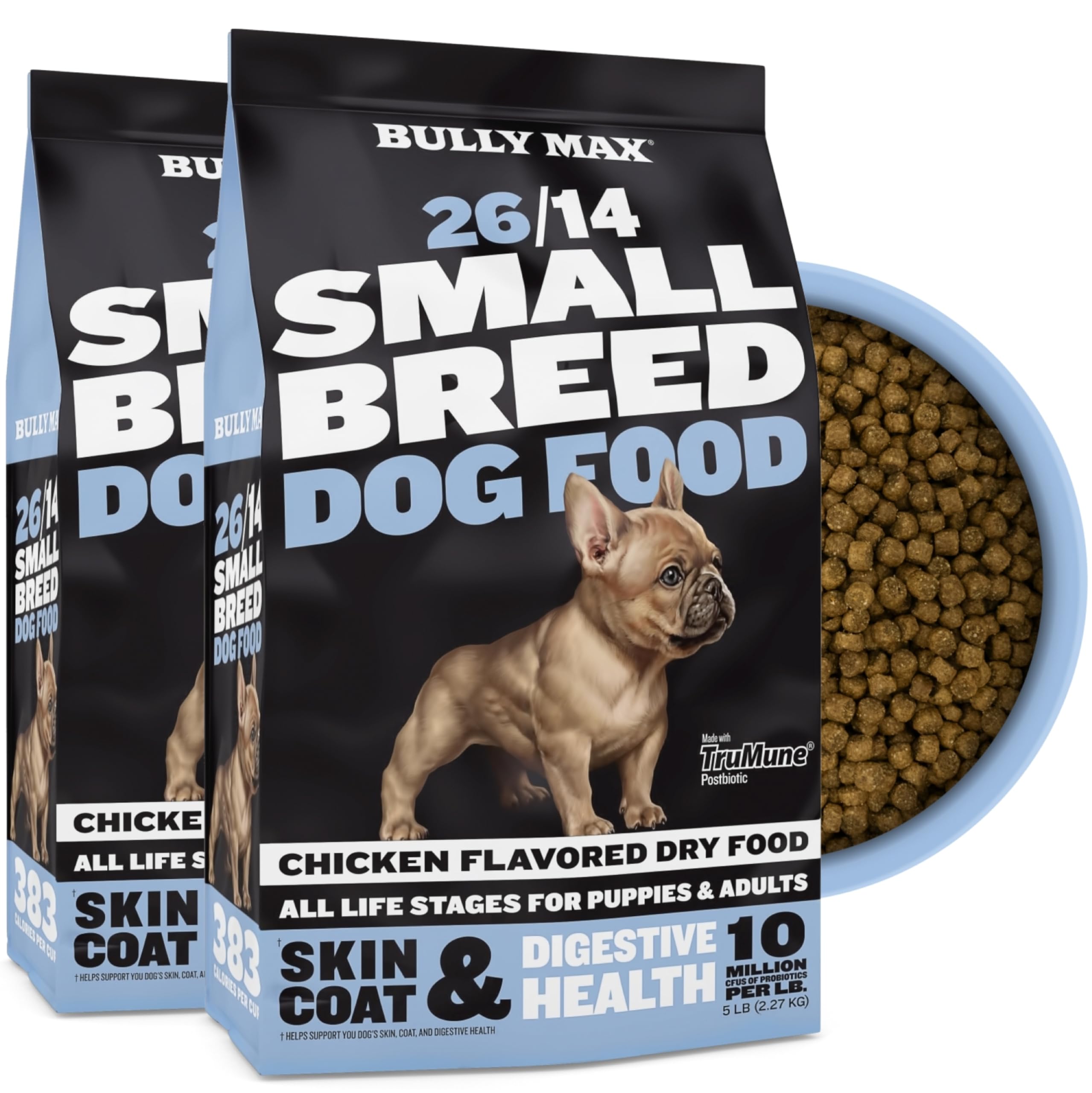 Bully Max 26/14 Small Breed Dry Dog Food for Skin, Coat & Sensitive Stomach - Chicken & Rice, Dry Soft Kibble Bites for Puppies, Adult & Senior Dogs - Natural French Bulldog Puppy Food, 10 lbs