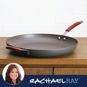 Rachael Ray 87631-T Cucina Hard Anodized Nonstick Skillet with Helper Handle, 14 Inch Frying Pan, Gray/Red