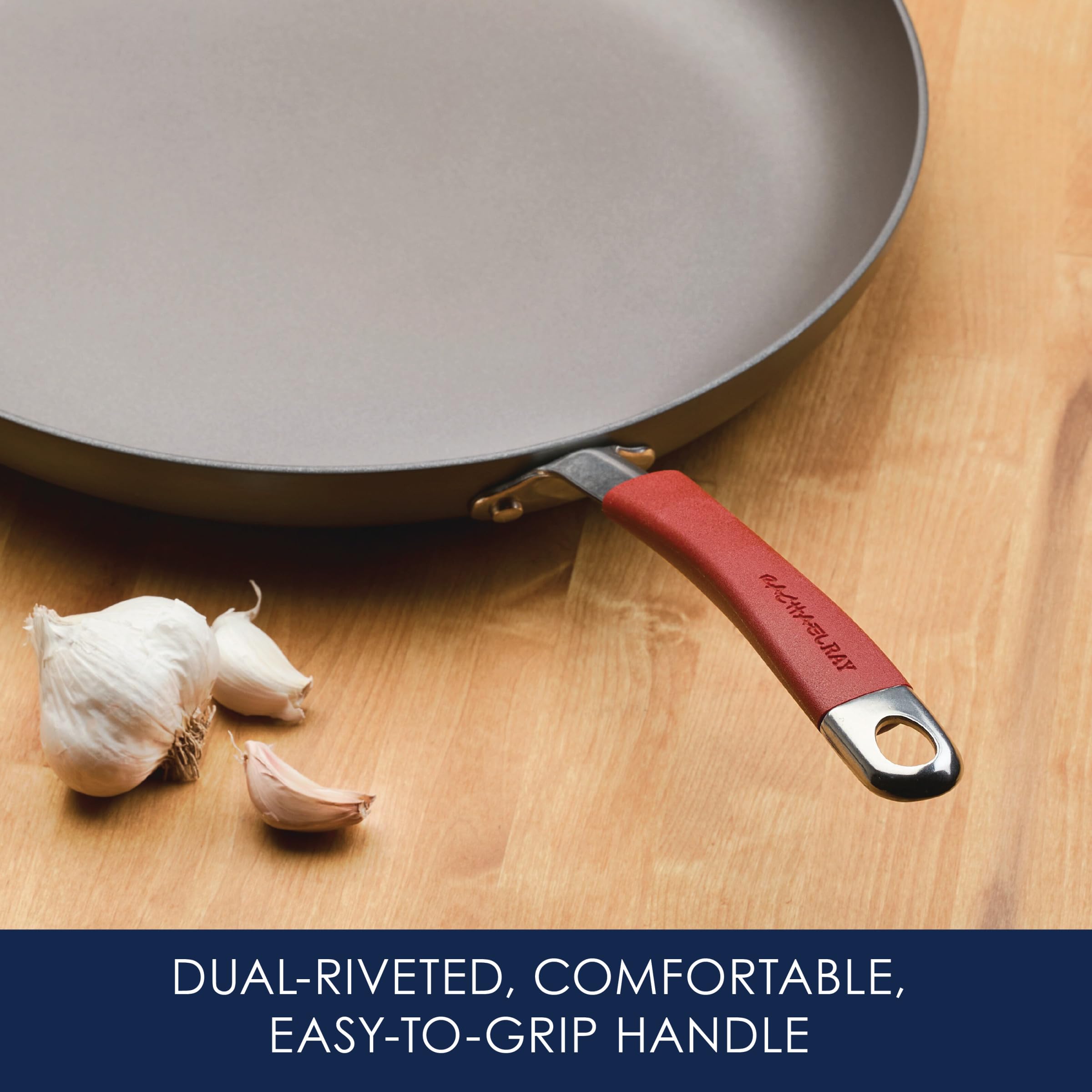 Rachael Ray 87631-T Cucina Hard Anodized Nonstick Skillet with Helper Handle, 14 Inch Frying Pan, Gray/Red