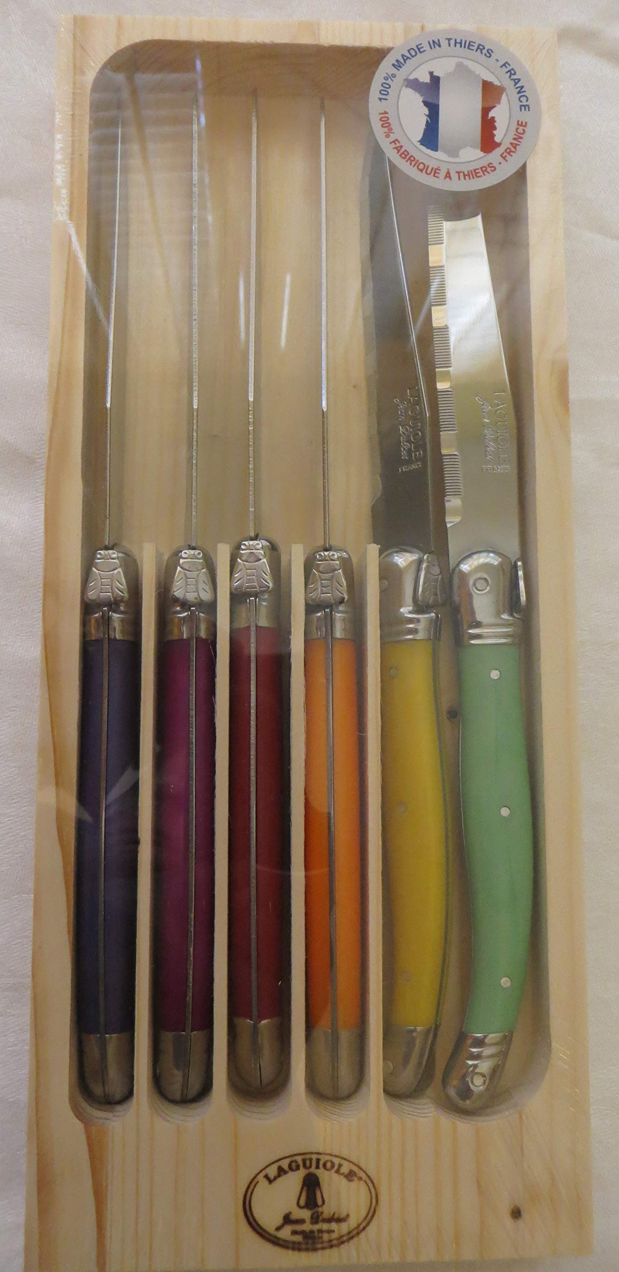 Jean Dubost Laguiole 6-Piece Steak Knives, Multi Colored Handles