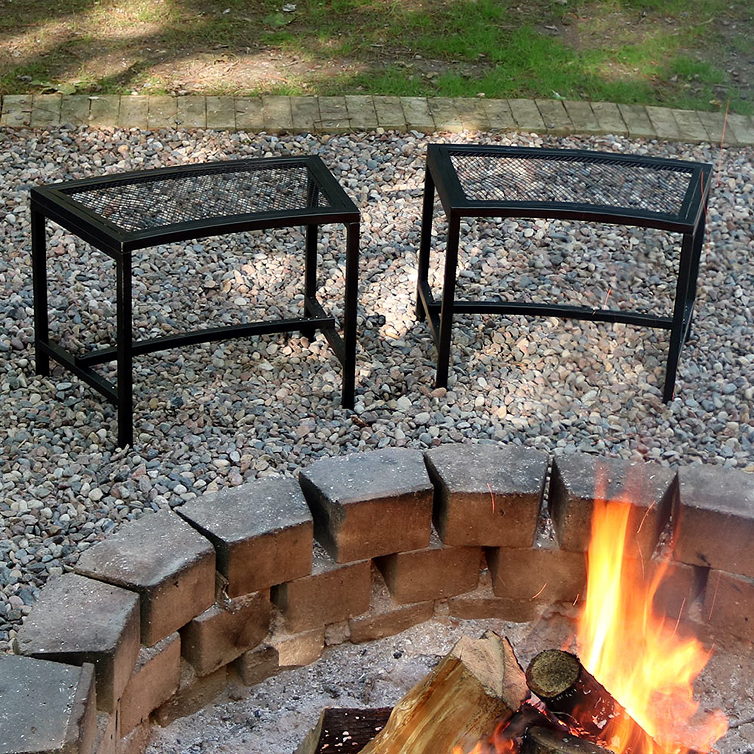 Sunnydaze Outdoor Curved Powder-Coated Black Metal Mesh Fire Pit Bench - Backless - Set of 2