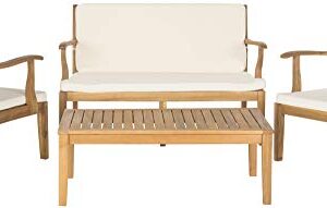 SAFAVIEH Outdoor Living Collection Bradbury 4-Piece Outdoor Living Set, Natural/Beige, Chair: 25.6" x 24.8" x 31.9" Bench: 48.4" x 24.8"