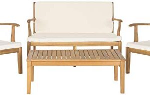 SAFAVIEH Outdoor Living Collection Bradbury 4-Piece Outdoor Living Set, Natural/Beige, Chair: 25.6" x 24.8" x 31.9" Bench: 48.4" x 24.8"