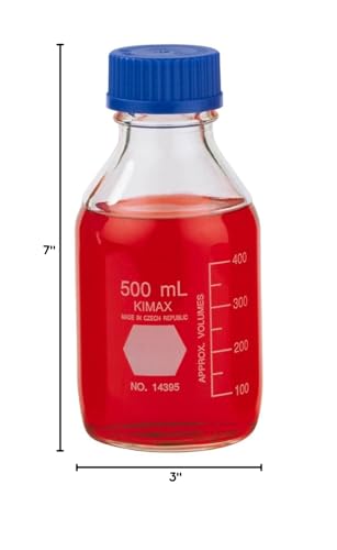 Kimble Chase DWK Kimble 500mL GL45 Round Media Bottle with Blue Cap, Graduations, 14395-500, Qty 1,500 mL