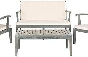 SAFAVIEH Outdoor Living Collection Bradbury 4-Piece Outdoor Living Set, Natural/Beige, Chair: 25.6" x 24.8" x 31.9" Bench: 48.4" x 24.8"