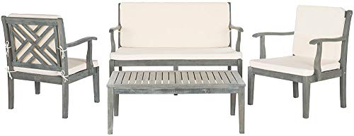 SAFAVIEH Outdoor Living Collection Bradbury 4-Piece Outdoor Living Set, Natural/Beige, Chair: 25.6" x 24.8" x 31.9" Bench: 48.4" x 24.8"