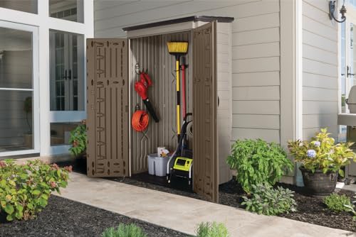 Rubbermaid Vertical Resin Outdoor Storage Shed, With Floor (4 x 2.5 Ft), Weather Resistant, Brown, Organization for Home/Backyard/Garden Tools/Porch/Patio Cushions/Pool Chemicals/Toys