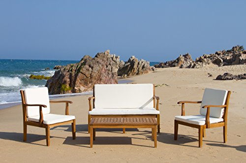 SAFAVIEH Outdoor Living Collection Bradbury 4-Piece Outdoor Living Set, Natural/Beige, Chair: 25.6" x 24.8" x 31.9" Bench: 48.4" x 24.8"