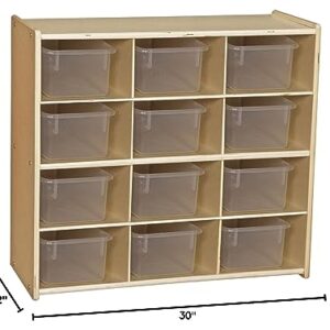 Contender 12-Cubby Storage Unit with Clear Tubs, 12 Compartment Storage Organizer with Daycare Shelves for Kids, Hardwood Cubby Organizer for Classroom, Cube Locker Shelf for Organizing Toys