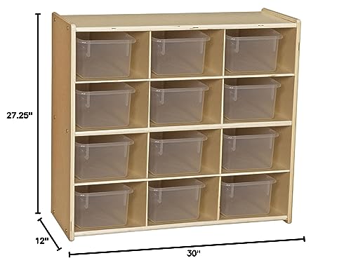 Contender 12-Cubby Storage Unit with Clear Tubs, 12 Compartment Storage Organizer with Daycare Shelves for Kids, Hardwood Cubby Organizer for Classroom, Cube Locker Shelf for Organizing Toys