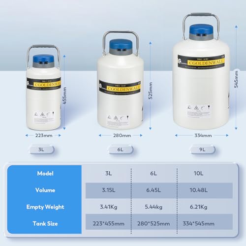 CGOLDENWALL 6L Cryogenic Container Liquid Nitrogen LN2 Tank Dewar Liquid nitrogen dewar Aluminum Alloy with 6 Canisters and Carry Bag