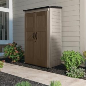 Rubbermaid Vertical Resin Outdoor Storage Shed, With Floor (4 x 2.5 Ft), Weather Resistant, Brown, Organization for Home/Backyard/Garden Tools/Porch/Patio Cushions/Pool Chemicals/Toys