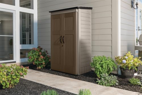 Rubbermaid Vertical Resin Outdoor Storage Shed, With Floor (4 x 2.5 Ft), Weather Resistant, Brown, Organization for Home/Backyard/Garden Tools/Porch/Patio Cushions/Pool Chemicals/Toys