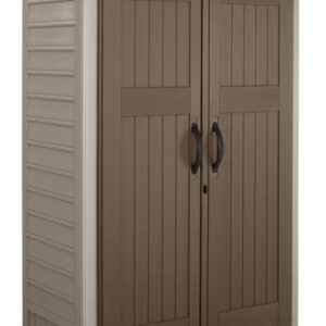 Rubbermaid Vertical Resin Outdoor Storage Shed, With Floor (4 x 2.5 Ft), Weather Resistant, Brown, Organization for Home/Backyard/Garden Tools/Porch/Patio Cushions/Pool Chemicals/Toys