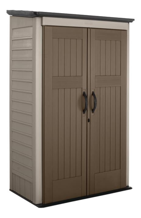 Rubbermaid Vertical Resin Outdoor Storage Shed, With Floor (4 x 2.5 Ft), Weather Resistant, Brown, Organization for Home/Backyard/Garden Tools/Porch/Patio Cushions/Pool Chemicals/Toys