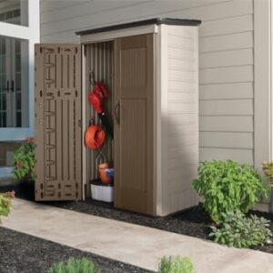 Rubbermaid Vertical Resin Outdoor Storage Shed, With Floor (4 x 2.5 Ft), Weather Resistant, Brown, Organization for Home/Backyard/Garden Tools/Porch/Patio Cushions/Pool Chemicals/Toys