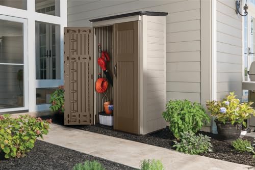 Rubbermaid Vertical Resin Outdoor Storage Shed, With Floor (4 x 2.5 Ft), Weather Resistant, Brown, Organization for Home/Backyard/Garden Tools/Porch/Patio Cushions/Pool Chemicals/Toys