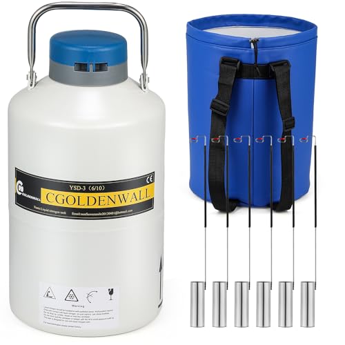 CGOLDENWALL 6L Cryogenic Container Liquid Nitrogen LN2 Tank Dewar Liquid nitrogen dewar Aluminum Alloy with 6 Canisters and Carry Bag