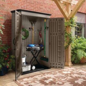 Rubbermaid Vertical Resin Outdoor Storage Shed, With Floor (4 x 2.5 Ft), Weather Resistant, Brown, Organization for Home/Backyard/Garden Tools/Porch/Patio Cushions/Pool Chemicals/Toys