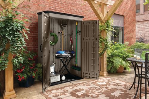 Rubbermaid Vertical Resin Outdoor Storage Shed, With Floor (4 x 2.5 Ft), Weather Resistant, Brown, Organization for Home/Backyard/Garden Tools/Porch/Patio Cushions/Pool Chemicals/Toys