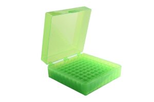 heathrow scientific 100-place microtube storage box, stores 1.5/2 ml tubes, polypropylene, green, pack of 5