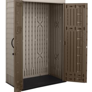 Rubbermaid Vertical Resin Outdoor Storage Shed, With Floor (4 x 2.5 Ft), Weather Resistant, Brown, Organization for Home/Backyard/Garden Tools/Porch/Patio Cushions/Pool Chemicals/Toys