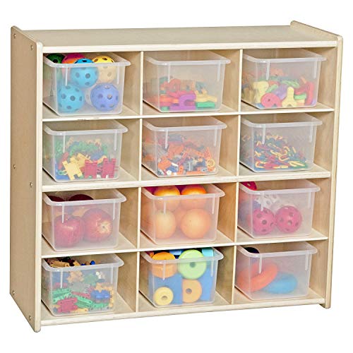 Contender 12-Cubby Storage Unit with Clear Tubs, 12 Compartment Storage Organizer with Daycare Shelves for Kids, Hardwood Cubby Organizer for Classroom, Cube Locker Shelf for Organizing Toys