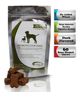 premium probiotics for dogs by halo pets - digestive enzyme support for all dog types - no added wheat - maintains healthy digestion, immune system and bowel health - supplement for daily use - 60 bite size duck flavored bone shaped chews