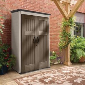 Rubbermaid Vertical Resin Outdoor Storage Shed, With Floor (4 x 2.5 Ft), Weather Resistant, Brown, Organization for Home/Backyard/Garden Tools/Porch/Patio Cushions/Pool Chemicals/Toys