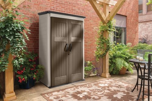 Rubbermaid Vertical Resin Outdoor Storage Shed, With Floor (4 x 2.5 Ft), Weather Resistant, Brown, Organization for Home/Backyard/Garden Tools/Porch/Patio Cushions/Pool Chemicals/Toys