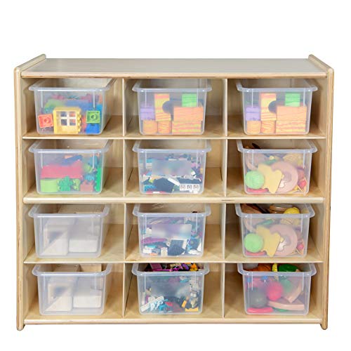 Contender 12-Cubby Storage Unit with Clear Tubs, 12 Compartment Storage Organizer with Daycare Shelves for Kids, Hardwood Cubby Organizer for Classroom, Cube Locker Shelf for Organizing Toys