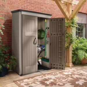 Rubbermaid Vertical Resin Outdoor Storage Shed, With Floor (4 x 2.5 Ft), Weather Resistant, Brown, Organization for Home/Backyard/Garden Tools/Porch/Patio Cushions/Pool Chemicals/Toys